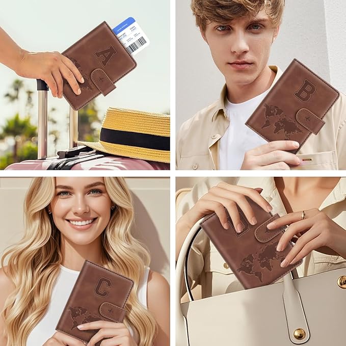Passport Holder Wallet Cover Personalized Letter A-Z Travel Wallet RFID Blocking Passport Cover Wallet Case for Travel Passport Book Holders for Women and Men, Brown-A