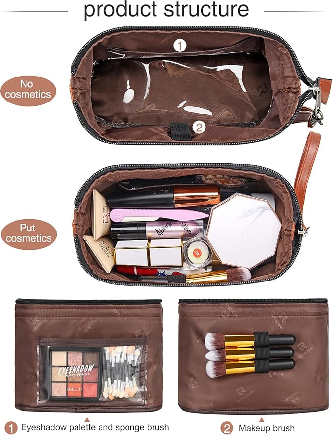 Relavel Travel Makeup Bag, Cosmetic Bag Makeup Organizer Bag Zipper Pouch for Purse Large Capacity Toiletry Bag Portable Waterproof Travel Accessories Skincare Make Up Bag, Brown