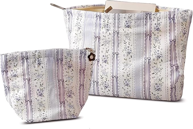 HAPPYHEIDI Makeup Bag Set, Cute Purse Pouch, Purple Floral Cotton, 2-Piece, Zipper Closure, Lightweight