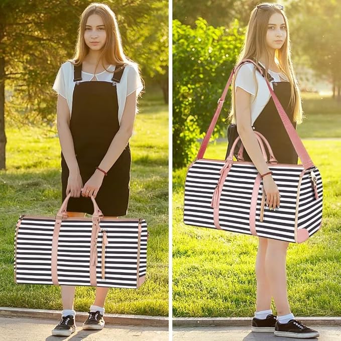 Ytonet Carry On Garment Bag, Large Hanging Duffle Bag for Women, PU Leather Waterproof Bags Travel with Shoe Pouch - 2 in 1 Suitcase Suit Bags, Black and White Stripe