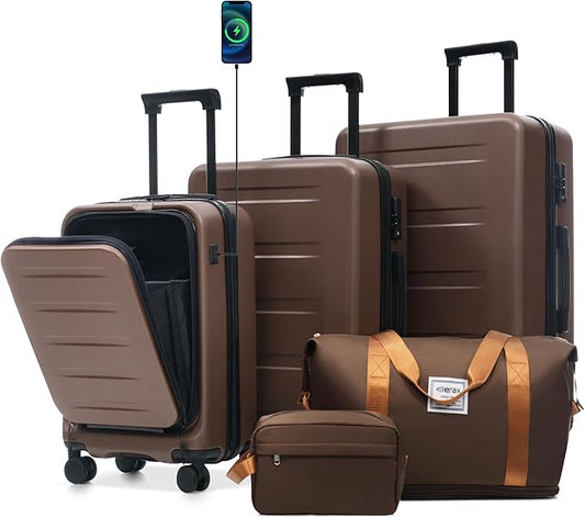 Merax Luggage Sets 5 Piece,Front Open Hardshell Expandable Suitcase with Spinner Wheels and Duffel Bags,Lightweight Carry on Luggage with USB Port,20/24/28IN,Brown