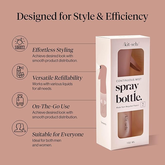 Kitsch Continuous Spray Bottle for Hair – Fine Mist Water Mister & Water Spray Bottle – Recycled Hair Spray Bottle – Spray Bottles for Cleaning, Styling, Plants & More – Terracotta, 150ml