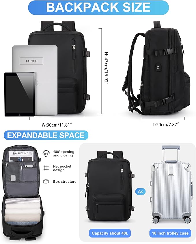 Carry On Backpack for Women, Large Travel Backpack Flight Approved, Waterproof 14 Inch Laptop Backpack Business Work Backpacks Men Mochila De Viaje, Black