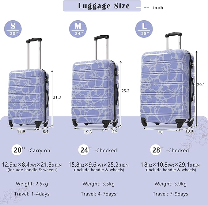 Merax Luggage Sets 3 Piece, Hardside Suitcase Set with Spinner Wheels, Lightweight 20+24+28 IN Suitcase with Carry on Luggage, Blue