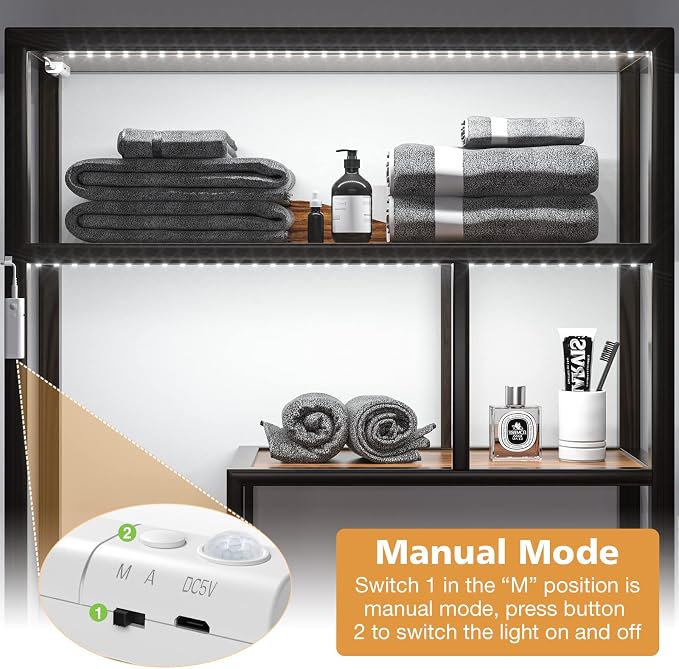 WOBANE Motion Sensor Stair Strip Lights,Rechargeable LED Closet Light,White | 2 X6.56ft Battery Powered Cordless LED Strip,60 LEDs Homelife Bar for Bed,Pantry,Counter,Night Light,Cabinet,6000K