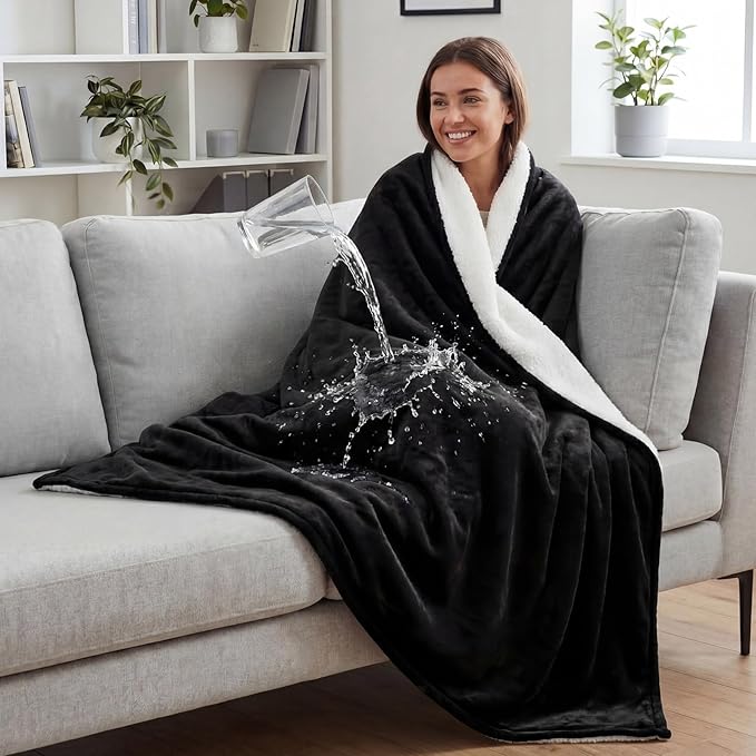 Black Waterproof Bed Blanket, 50'' x 60'' Portable Double Side Leakproof Sherpa Flannel Fleece 3 Layer Lightweight Blanket for Home Care Protection, Absorbs 33oz
