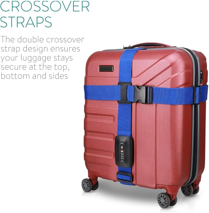Navaris TSA Luggage Strap - Secure Adjustable Strap for Suitcases with Combination Lock - Lockable Cross Case Travel Belt for Luggage with ID Tag