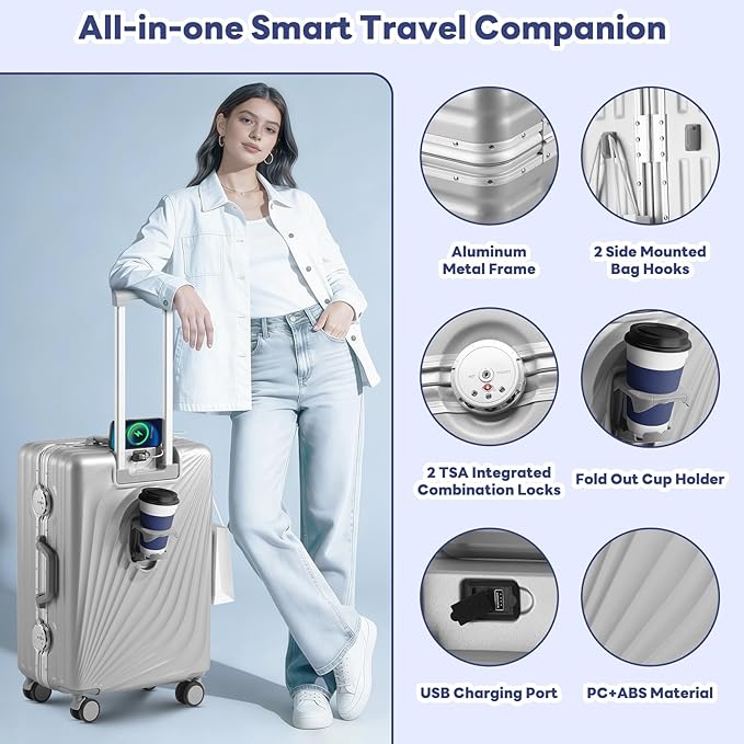 20 Inch Carry On Luggage, Zipperless Luggage with Spinner Wheels, Airline Approved Suitcase with Cup Holder, TSA Lock and USB Charger for Travel, Silver(PC+Aluminum Frame)