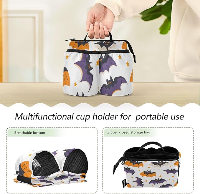 White Halloween Bats and Stars Luggage Cup Holder Travel Portable Free Hand Drink Carrier Suitcase Drinks Beverage Holder Carry-On Bottle Mug Holder Organizer Bag Travelers Accessories