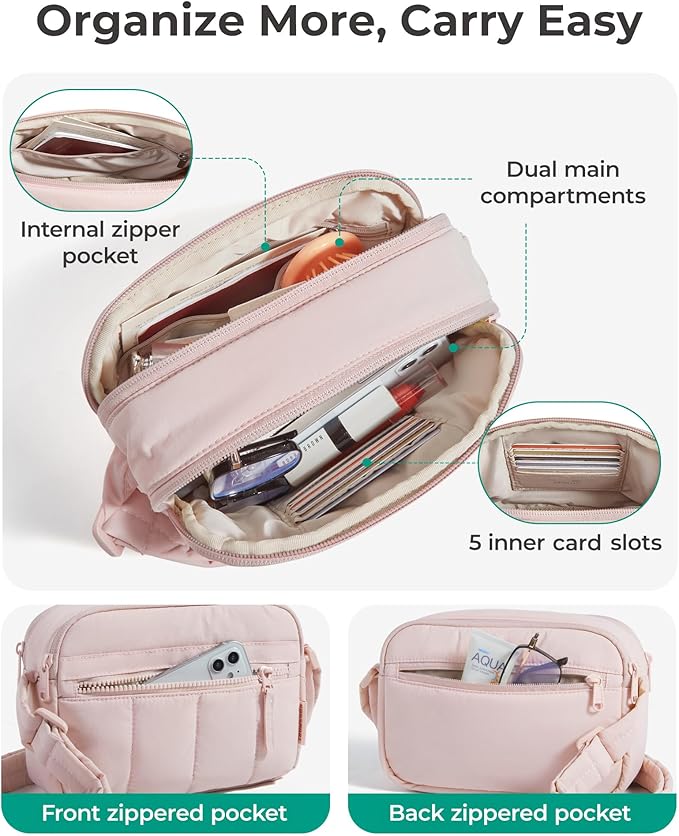 BAGSMART Cross Body Purse, Mini Crossbody Bags for Women Travel Purse, Puffy Shoulder Handbag Wallet with RFID Blocking Slots, Baby Pink-small