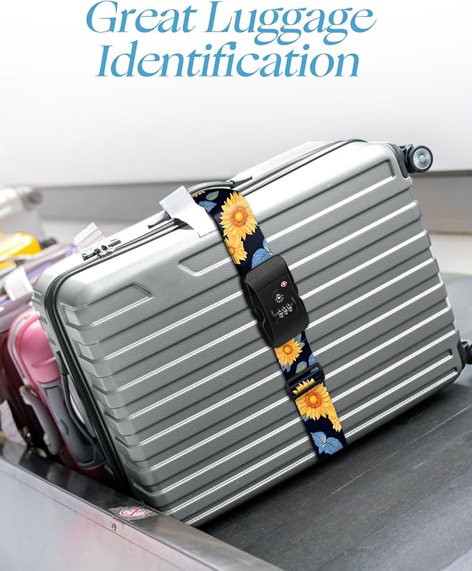 Slohif Luggage Straps TSA Lock for Suitcases - Travel Belt TSA Approved Accessories Luggage Identifiers Carry On Bag with Buckle Nylon Adjustable Band for Add a Bag Sunflower