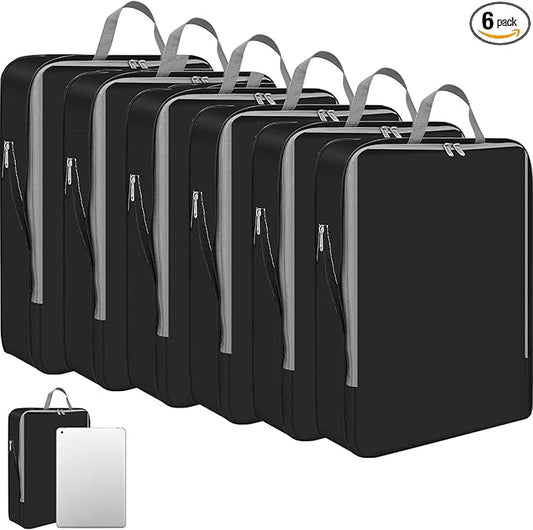 Hosuly 6 Pcs Ultralight Compression Packing Cubes for Travel 11 x 7 '' S Expandable Luggage Organizers for Save Space Family Long Trips (black 02)