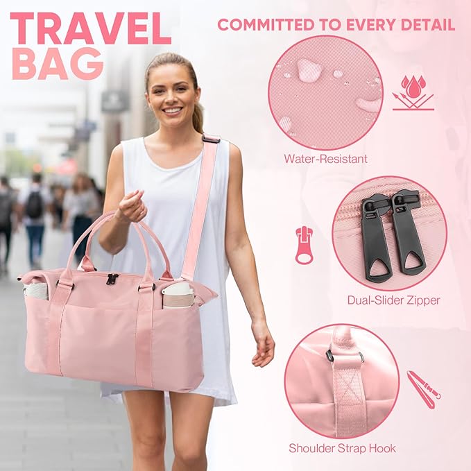 Travel Duffle Bag, Weekender Travel Bag Men Small Gym Bag for Women, Hospital Bag for Labor and Delivery, Overnight Bag Luggage Bag with Trolley Sleeve, Airplane Travel Essentials for Flying(Pink)