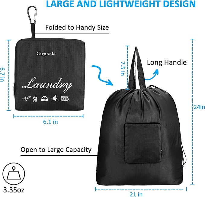 GOGOODA Travel Laundry Bags with Drawstring Closure XL Large Foldable Dirty Clothes bags with Handle Heavy Duty and Washable for College Dorm Travelling Camping, 2 Pack, Dark Blue & Grey