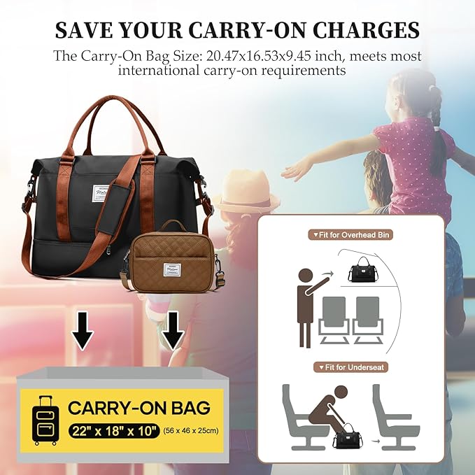 Weekender Bags for Women,Extra Large Travel Duffle Overnight Bag with Shoe Compartment,Personal Item Carry On Bag with Grid Toiletry Bag,Black & Brown