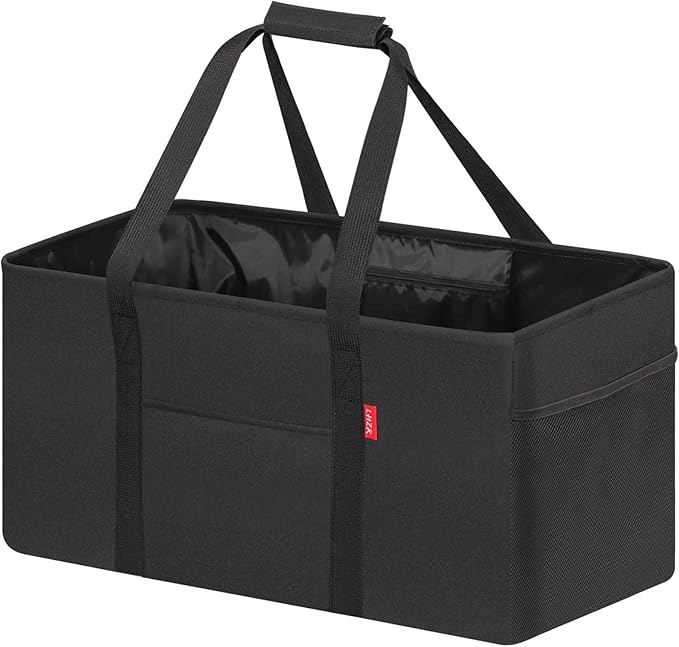 LHZK Standing Extra Large Utility Tote Bag with Metal Wire Frame and the Sides Rinforced, Extra Large Tote Bag with Handle, Reusable Grocery Bags Foldable, Beach Bag, Car Tote (Black, 26''x15''x13'')