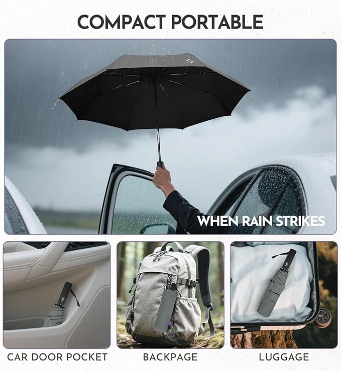 Windproof Travel Umbrella for Rain - 43" Compact Folding Umbrella, Reinforced Strong Frame, Lightweight Portable Parasol with UPF 100+ UV Sun Protection, Cruise Ship Essentials