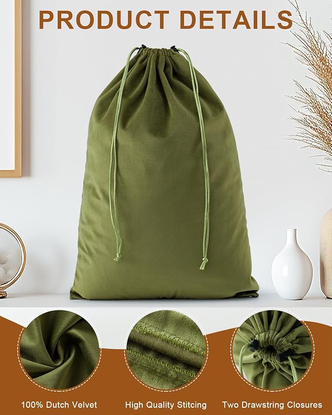FantasyLife Shoe Bags for Travel, 17.3"x12.6" Washable Dust Bags for Storage & Packing, Flannel Shoe Pouch with Drawstring Closure for Purses, Handbags, Shoes & Toys (2, Sage Green)