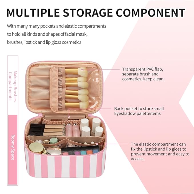 OCHEAL Makeup Bag,Travel Makeup Organizer Bag, Large Capacity Cosmetic Bags For Women Large Travel Toiletry Bag Girls Traveling With Brush Slot And Divider-Stripes Pink
