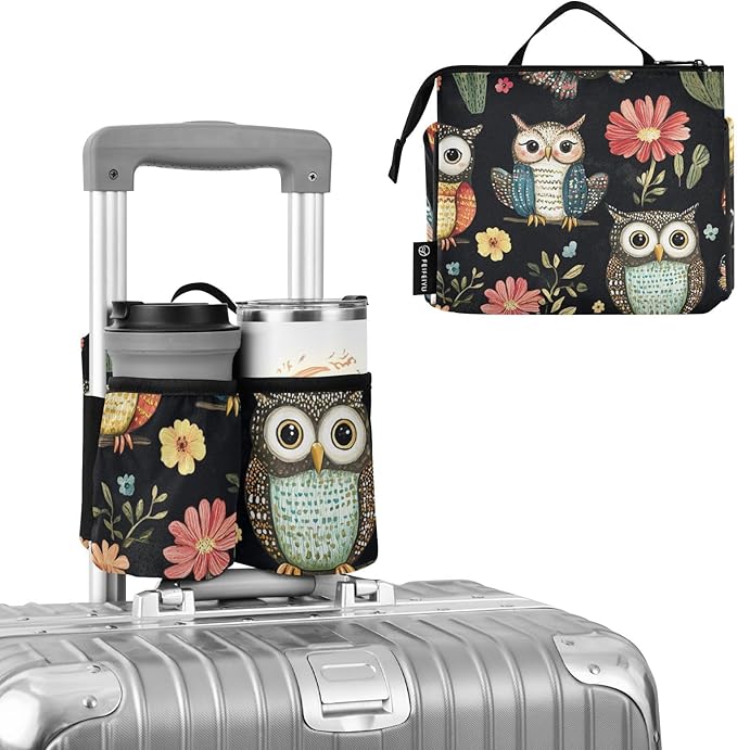 Black Owls Cactus Butterfly Luggage Cup Holder Travel Portable Free Hand Drink Carrier Suitcase Drinks Beverage Holder Carry-On Bottle Mug Holder Organizer Bag Travelers Accessories