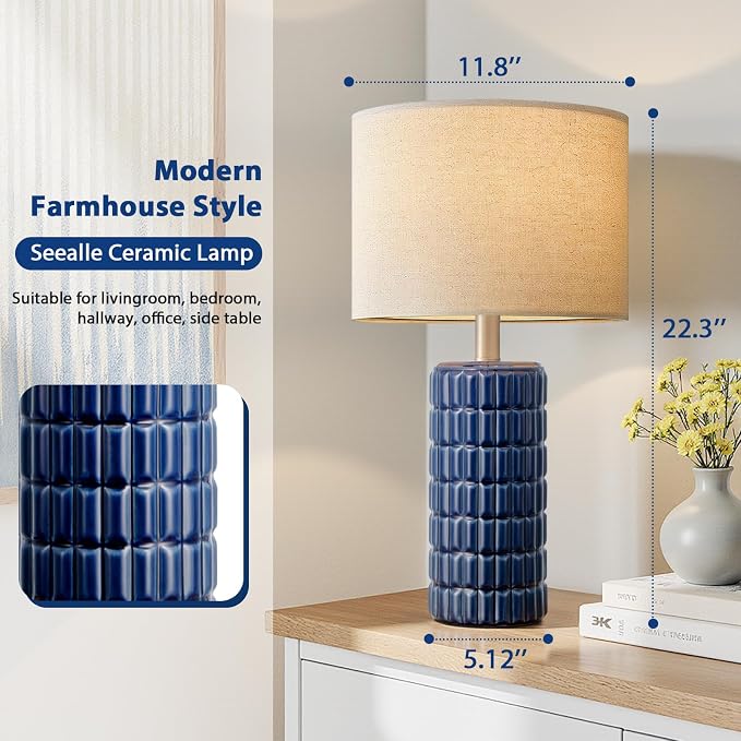 Seealle 23" Modern Ceramic Table Lamps Set of 2, Lamps for Bedroom, Blue | Lamps for Living Room, Bedroom, Bedside, Night Stands, End Table, Desk, Farmhouse Home Decor