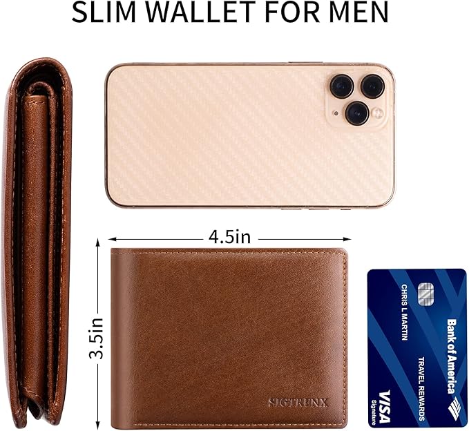 Sigtrenx Leather Wallets for Men, Genuine Leather Mens Wallets Bifold Rfid Blocking with 2 ID Windows