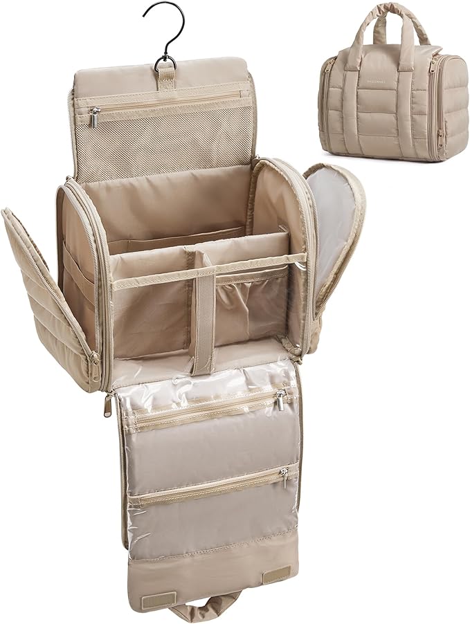 BAGSMART Puffy Travel Makeup Bag, Portable Hanging Toiletry Organizer with Removable Partition, Organizer for Travel-Sized Shampoo, Conditioner, Brushes Set, makeup Accessories, Camel