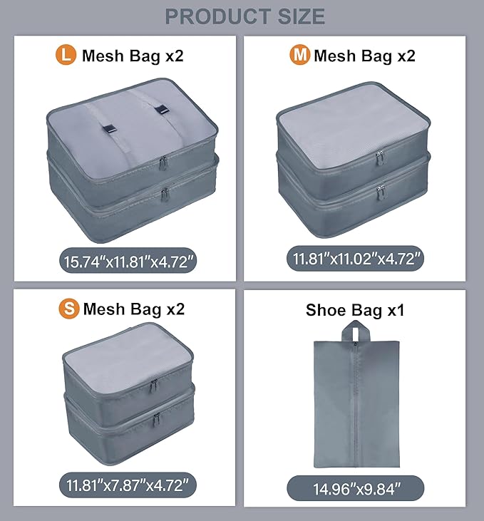 Packing Cubes 7 Pcs Travel Packing Cubes for Suitcases Large Capacity Travel Luggage Organizer Bags for Carry-on Luggage (Grey)
