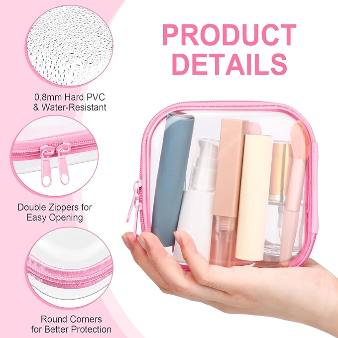 Sanwuta 6 Pcs Clear Hard Zipper Case Plastic Zipper Pouches Transparent Makeup Bag Pencil Case Pouches Toiletry Diaper Bag for Travel Toy Storage Organizer Bins(Pink,5 x 5 x 2 Inch)