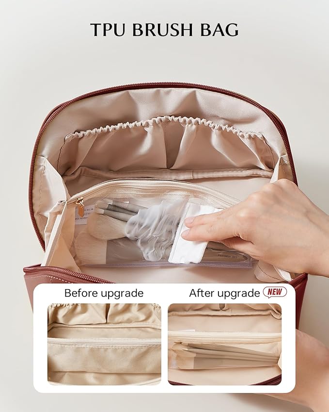 EACHY Travel Makeup Bag, Large Capacity Cosmetic Bag for Women, Waterproof PU Leather, Flat Open Portable Toiletry Bag for Skincare, Brushes & Travel Essentials