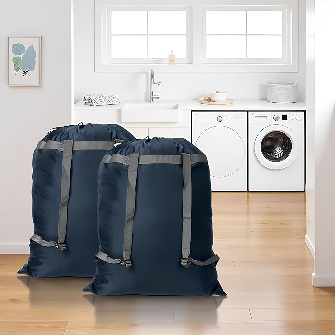2 Pack Laundry Bag Backpack, 27” x 34”Sturdy Laundry Bag with Shoulder Straps Drawstring Closure Heavy Duty Foldable Laundry Backpack for College, Travel, Laundromat, Apartment (Navy Blue)