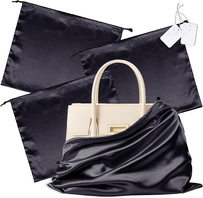 Vonty 3 Pack Silky Dust Bags for Shoes and Purses, Satin Drawstring Bag for HandBags Boots - Black Shoe Bag Silk Dust Cover Bag Protector Travel Storage Pouch(23.6 x 19.6 In)