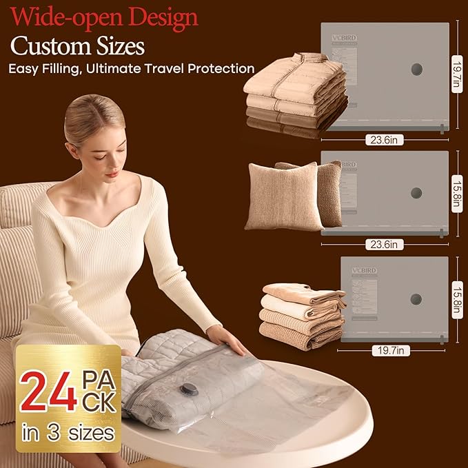 Vacuum Bags for Travel with Rechargeable air Pump,Carry-on Size Compression Packing Bags for Luggage and Suitcase, Space Saver for Clothes and Clothing 24 Combo Travel Size
