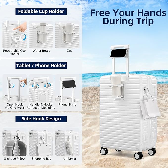 HanTrip Hard Shell Suitcases 24 Inch Check in Luggage with Spinner Wheels Cup Holder, Lightweight Top Opening Expandable Luggage Hard Case Rolling Medium Checked Suitcase with Lock, White