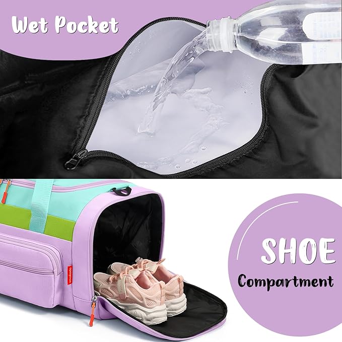 WOOMADA Kids Duffle Bag for Boys or Girls,Weekender Overnight Bag with Shoe Compartment & Wet Pocket Perfect For School, Sports, Overnight Trips(Purple)