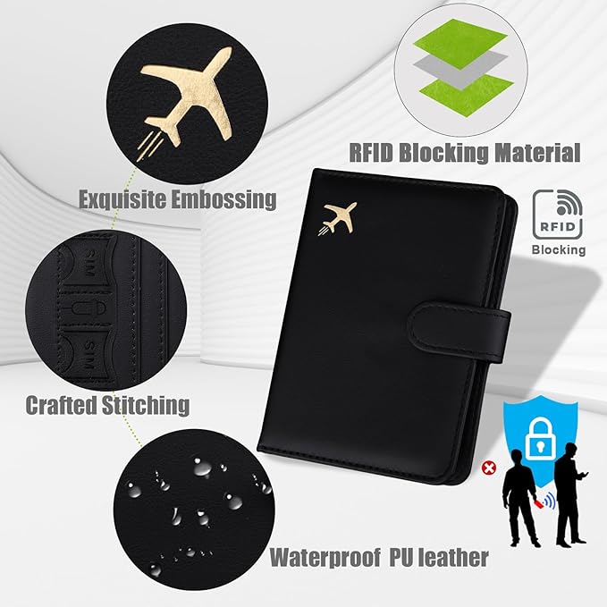 GOAUS Passport Holder for Travel with AirTag Slot Cards Cash Pocket, Faux Leather Travle Wallet Gifts for Women Men RFID Blocking Book Case Black, AirTag Not Included