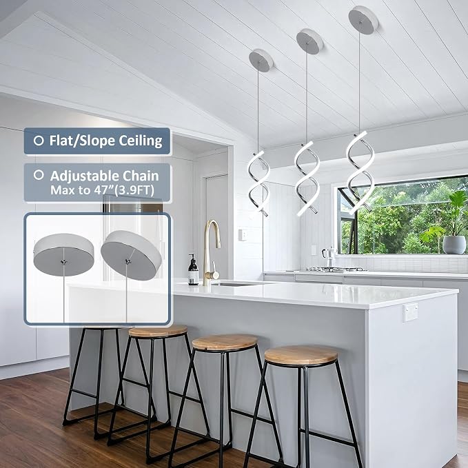 CANEOE Spiral Led Pendant Light Fixture,15W Cold White Light Modern Integrated LED Hanging Lamp, Adjustable Island Light Fixture for Living Room Bedroom Kitchen Sink, 1 Pack (Chrome)
