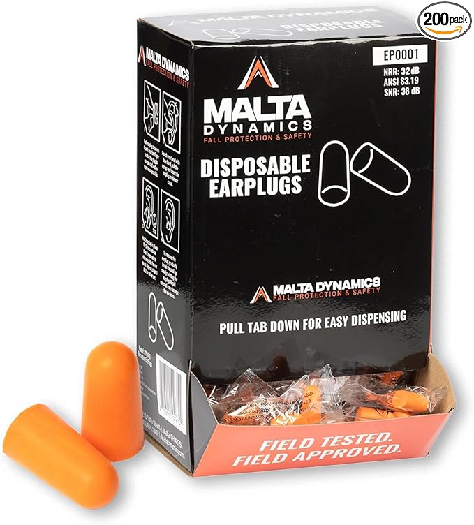 Malta Dynamics Foam Ear Plugs 200 Pairs – 32dB NRR Noise Cancelling Ear Plugs for Hearing Protection, Construction, Sleep, Concerts, Shooting, and More Individually Wrapped & Disposable Earplugs