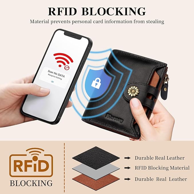 Wallet Women,RFID Blocking Leather Womens Wallet Bifold Compact Card Holder Small Wallet for Women with Removable ID Window blackbrown