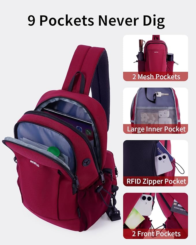 ECOHUB Anti-Theft Crossbody Bag Men Women, RFID Blocking Lightweight Sling Backpack Eco-Friendly with 9 Pockets Sturdy SBS Zippers Water Resistant for Travel Work Hiking Outdoor, Red