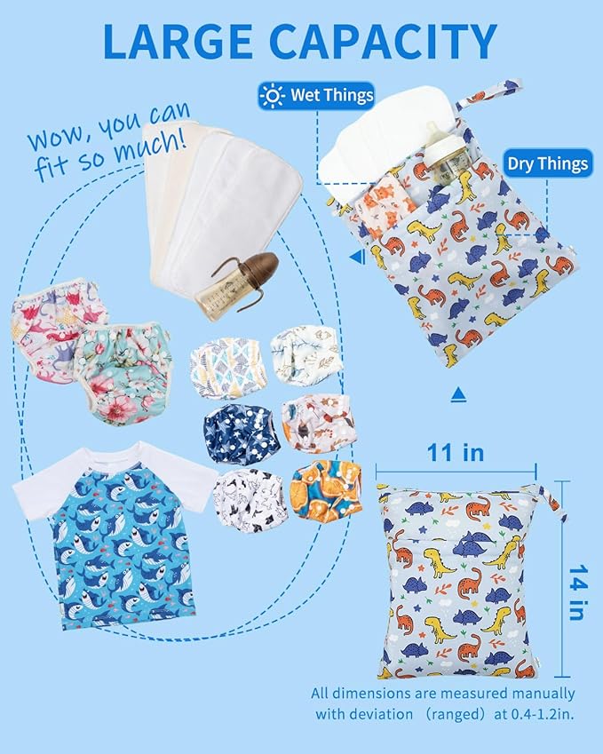babygoal Dinosaur Wet Dry Bags 3 Pack, Waterproof Travel Bags for Swimsuits, Beach, Pool, Gym,Food Storage and Wet Clothes,3LN40-B