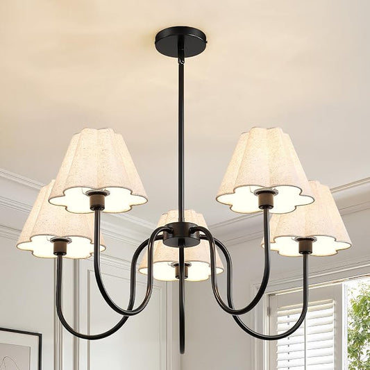 RUIYEY Gold Chandeliers for Dining Room - 28" 5-Light Modern Mid-Century Chandelier with Flower Scalloped Fabric Shades, Height Adjustable Farmhouse Pendant Ceiling Light Fixture for Bedrooms Kitchen