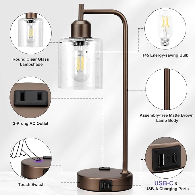 Innqoo Industrial Touch Table Lamps - 3-Way Dimmable Desk Lamps Set of 2 with USB C+A Ports and Outlet, Brown Bedside Lamps with Clear Glass Shade for Living & Bedrooms