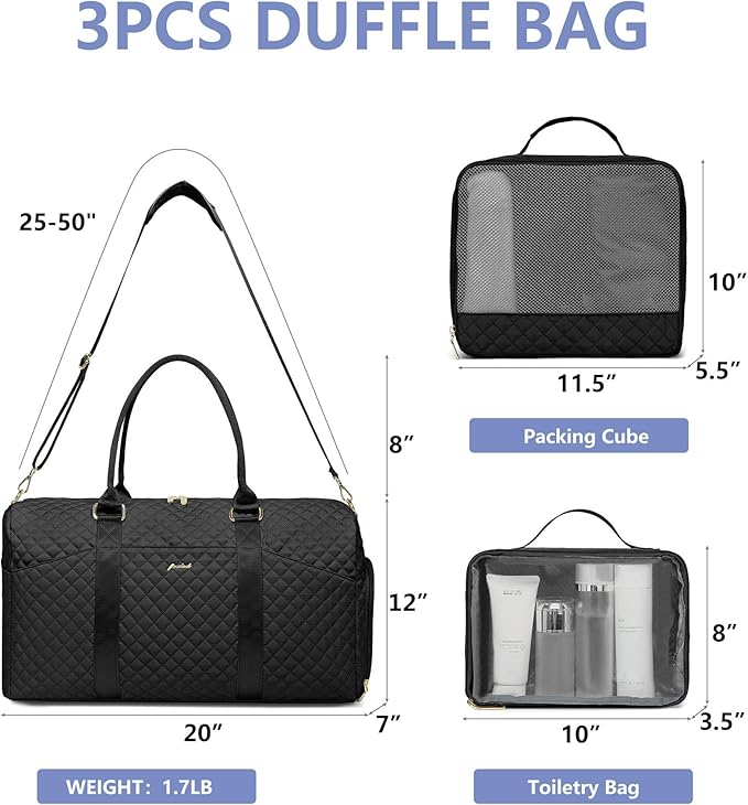 Women Weekender Travel Duffle Bag: Travel Duffel Overnight Bags with Shoe Compartment Large Carry on Tote with 2 Toiletry Bags Weekend Traveling Yoga Gym Hospital Bag for Womens with Wet Pocket Black