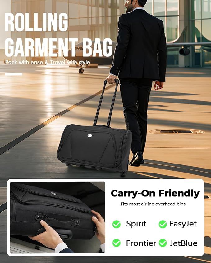 MATEIN Rolling Garment Bags for Airline Travel, Wheeled Carry On Garment Bag with Wheels & 2 Packing Cubes, Wrinkle Free Business Suit Luggage Suitcase Fits 17.3" Laptop for Men Women, Black