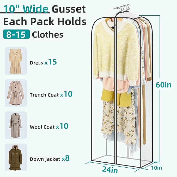 LANDNEOO 6 Pack Clear Garment Bags for Hanging Clothes with Zippers on Double Sides - 10'' Clothes Storage for Coat, Dress, and Fur in Closet - 60'' Long Suit Bags