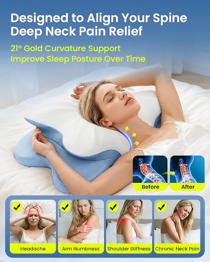 RAINBOW NOTE Ergonomic Contour Memory Foam Pillow, Adjustable Height Cervical Pillow for Neck Pain Relief, Blue White, 24×16.5×5.5 Inches