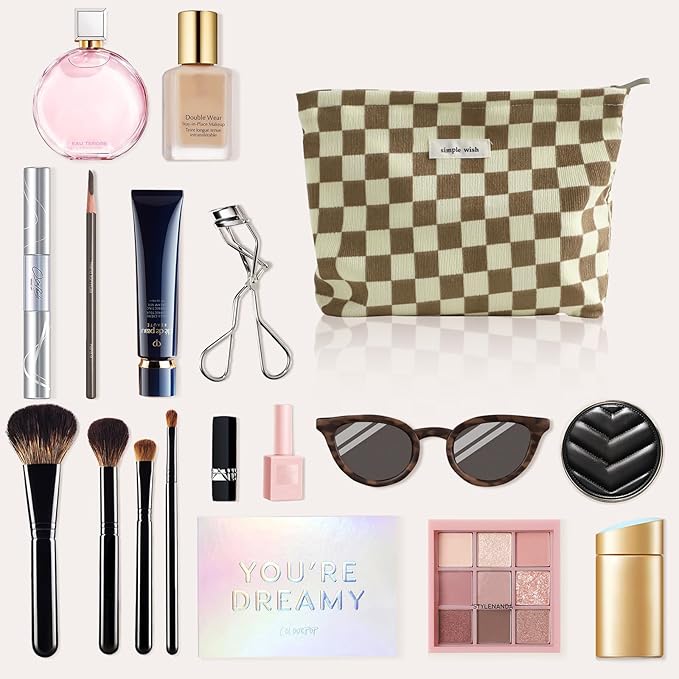 Wudygirl Checkered Makeup Bag Large Capacity Makeup Pouch Travel Cosmetic Pouch for Women Canvas Toiletry Bag Zipper Handbag Aesthetic (Khaki Checkered)