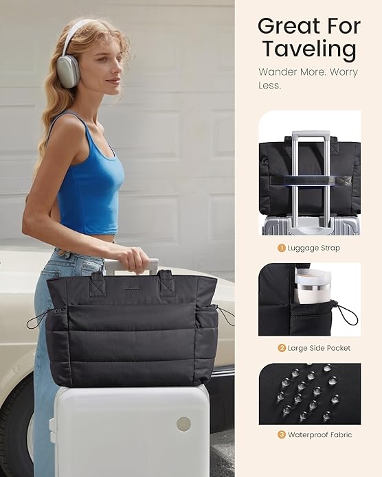 LOVEVOOK Tote Bag for Women with Giant Tumbler Holder Pocket, Puffer Work Travel Laptop Handbag with Zipper for Nurse Teacher