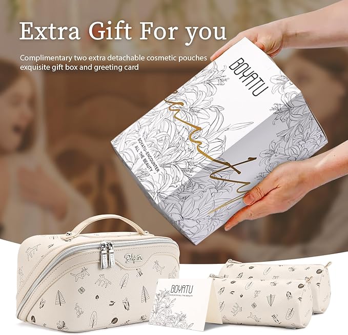 BOYATU Travel Makeup Bag Cosmetic Bags for Women: 3 Pcs Set Portable Make up Bag with Handle - PU Leather Toiletry Bags with Compartments - Makeup Organizer for Travel Essentials(L-4-White)